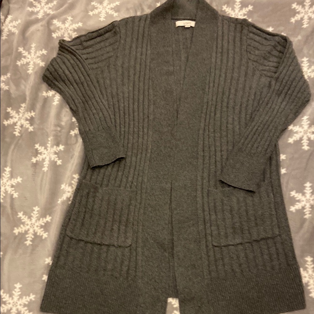 LOFT Gray Ribbed Cardigan Sweater